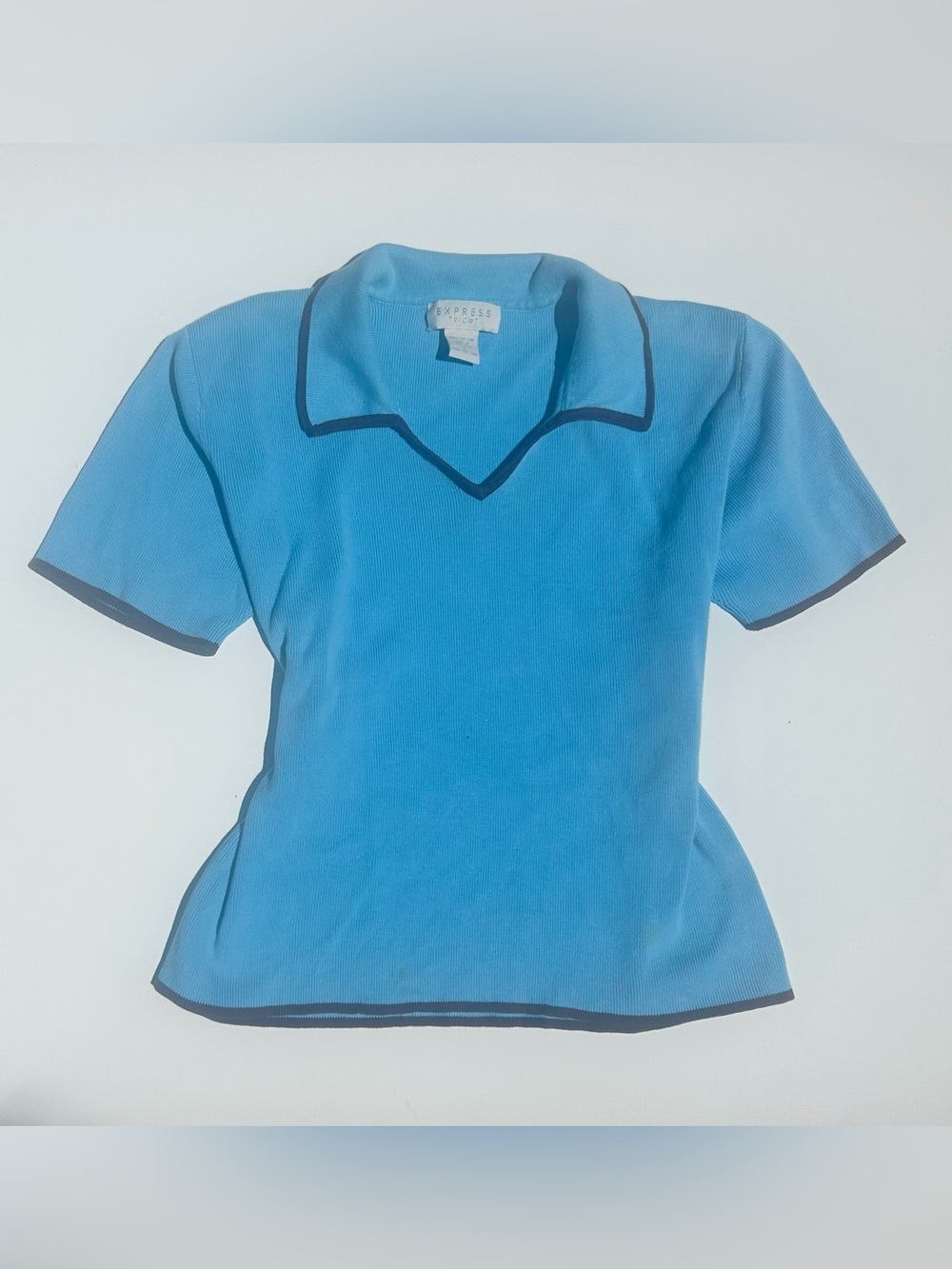 Express Tricot vintage knit 90s blue cute brown collared short sleeve top preppy